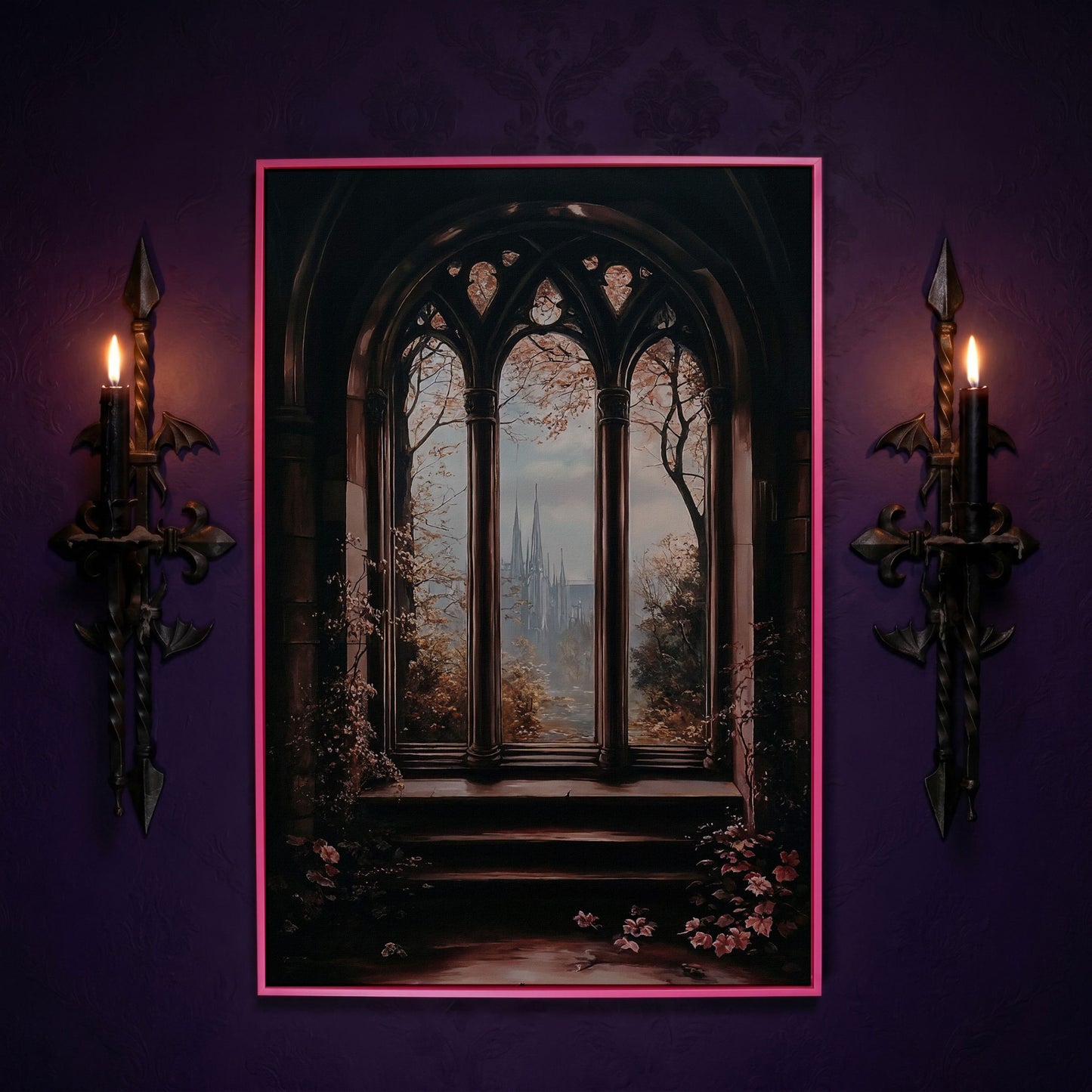 Gothic Window Castle View Canvas Art, Dark Academic Wall Decor in pink floating frame