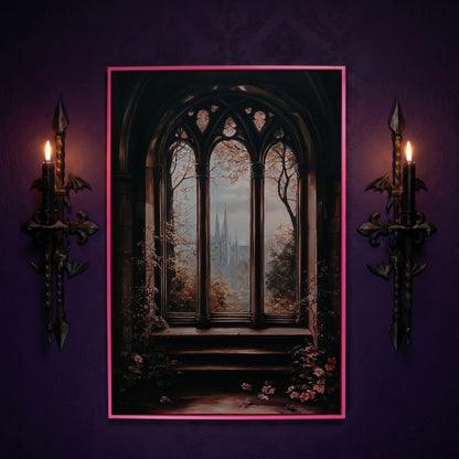 Gothic Window Castle View Canvas Art, Dark Academic Wall Decor in pink floating frame