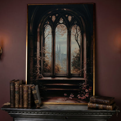 Gothic Window Castle View Canvas Art, Dark Academic Wall Decor in rose gold floating frame