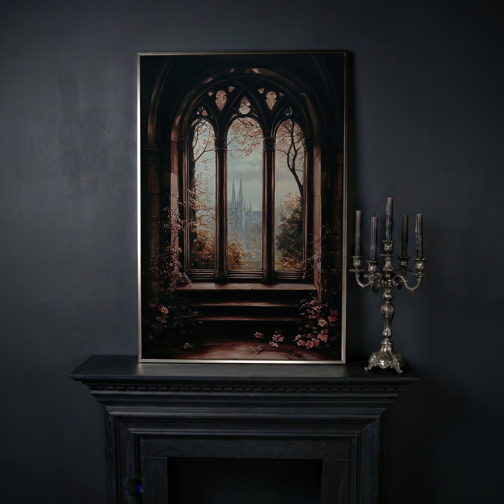 Gothic Window Castle View Canvas Art, Dark Academic Wall Decor in silver floating frame