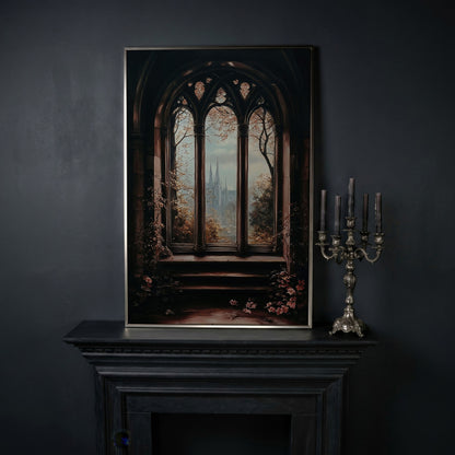 Gothic Window Castle View Canvas Art, Dark Academic Wall Decor in silver floating frame