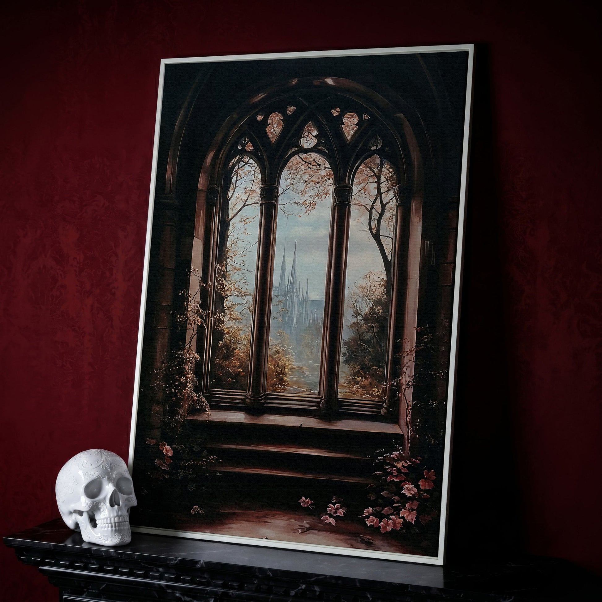 Gothic Window Castle View Canvas Art, Dark Academic Wall Decor in white floating frame