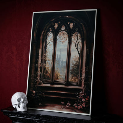 Gothic Window Castle View Canvas Art, Dark Academic Wall Decor in white floating frame