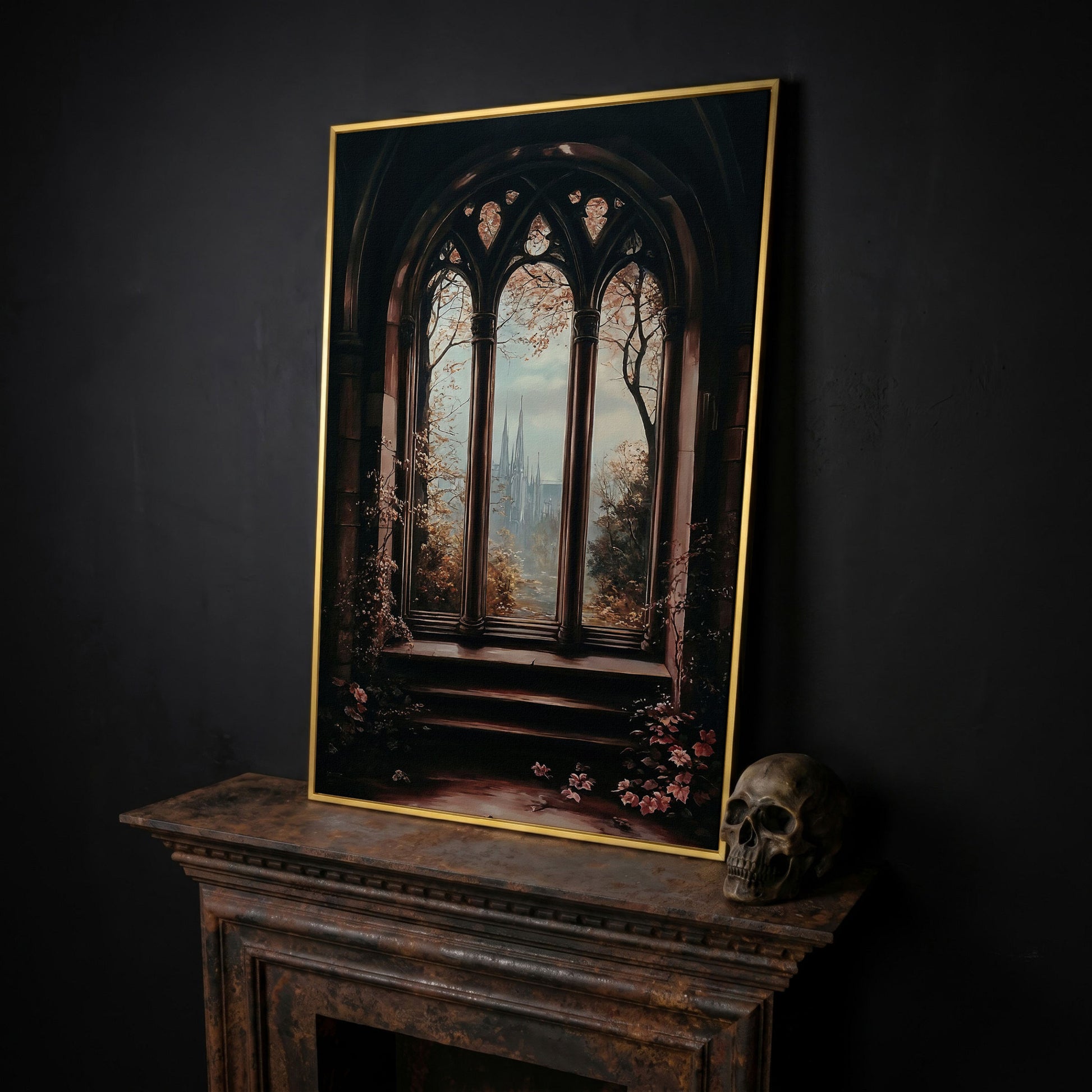 Gothic Window Castle View Canvas Art, Dark Academic Wall Decor in yellow gold floating frame