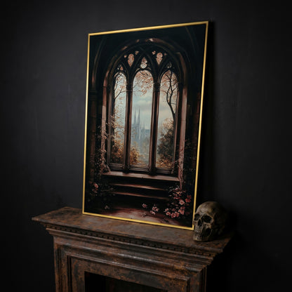 Gothic Window Castle View Canvas Art, Dark Academic Wall Decor in yellow gold floating frame
