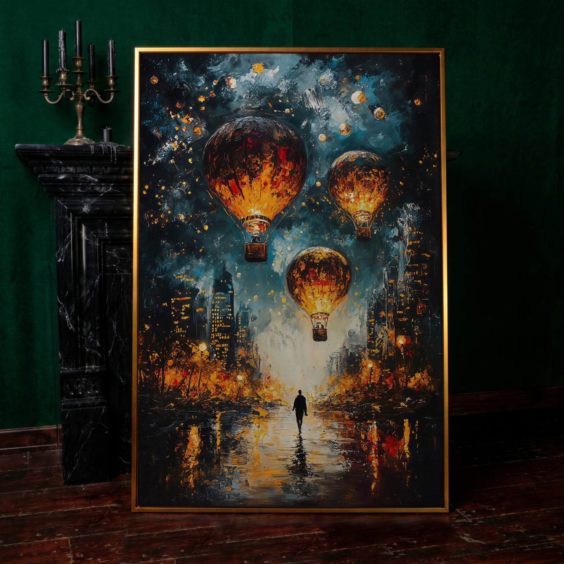 Night City Hot Air Balloons and Lone Walker Canvas Wall Art in antique gold floating frame