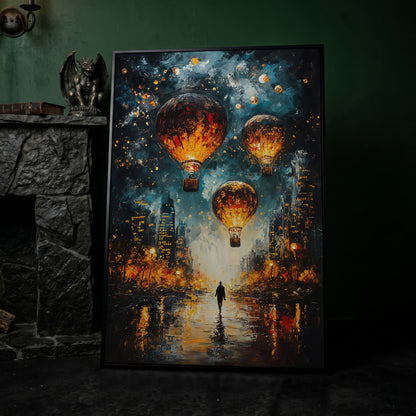 Night City Hot Air Balloons and Lone Walker Canvas Wall Art in black floating frame