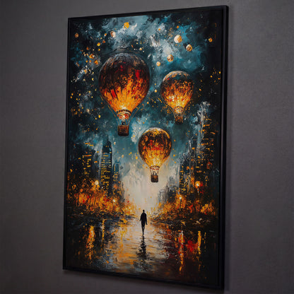 Night City Hot Air Balloons and Lone Walker Canvas Wall Art shown in black floating frame