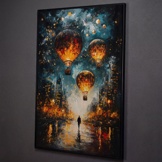 Night City Hot Air Balloons and Lone Walker Canvas Wall Art shown in black floating frame