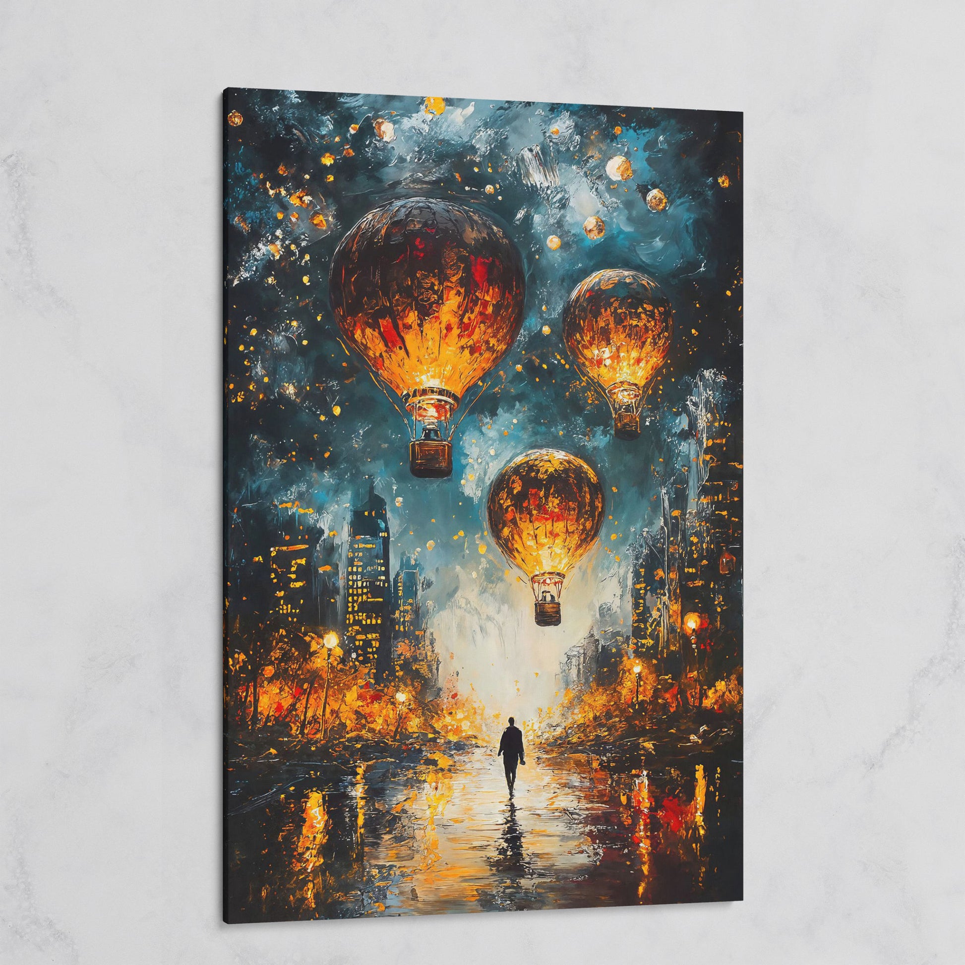 Night City Hot Air Balloons and Lone Walker Canvas Wall Art on gallery wrap