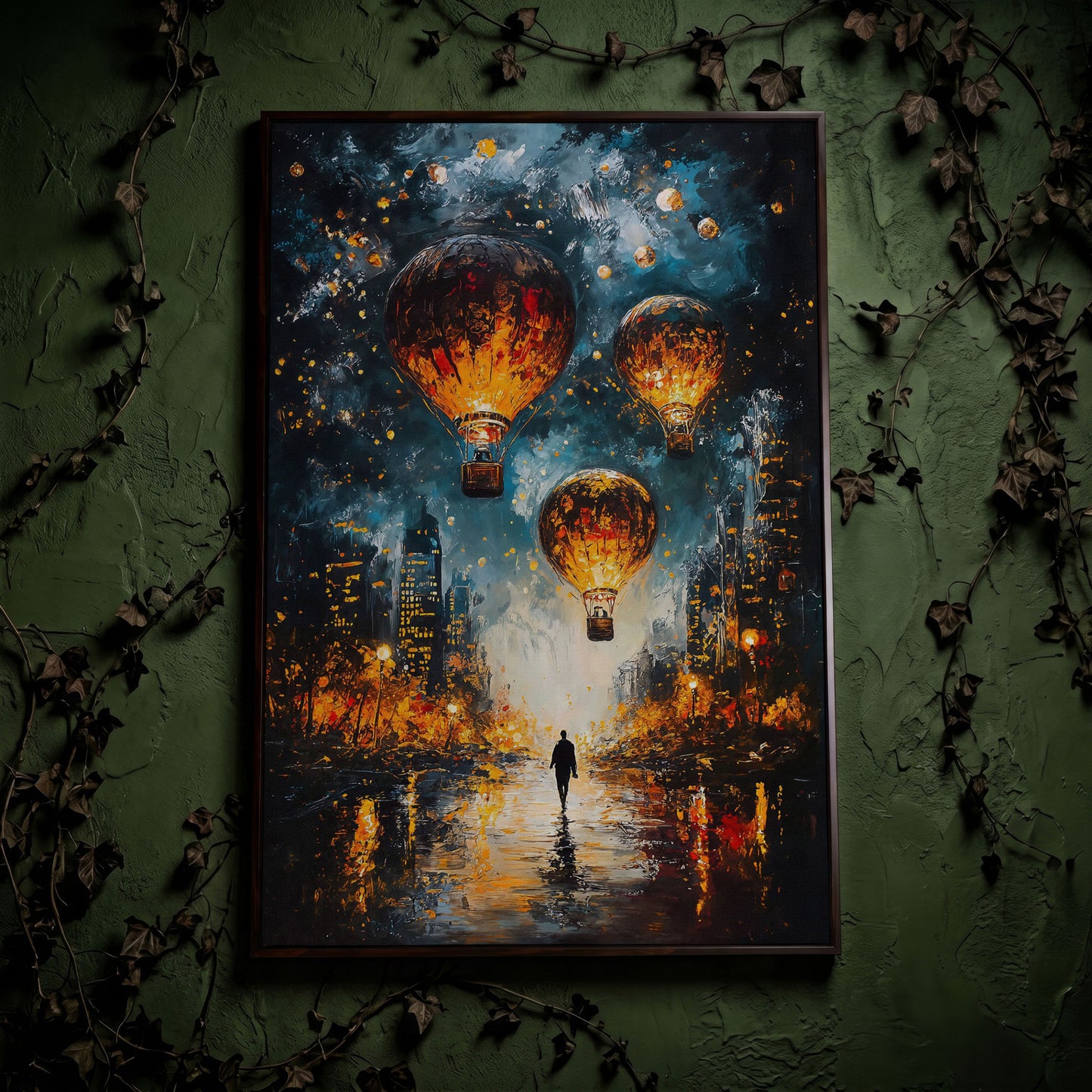 Night City Hot Air Balloons and Lone Walker Canvas Wall Art in dark walnut floating frame
