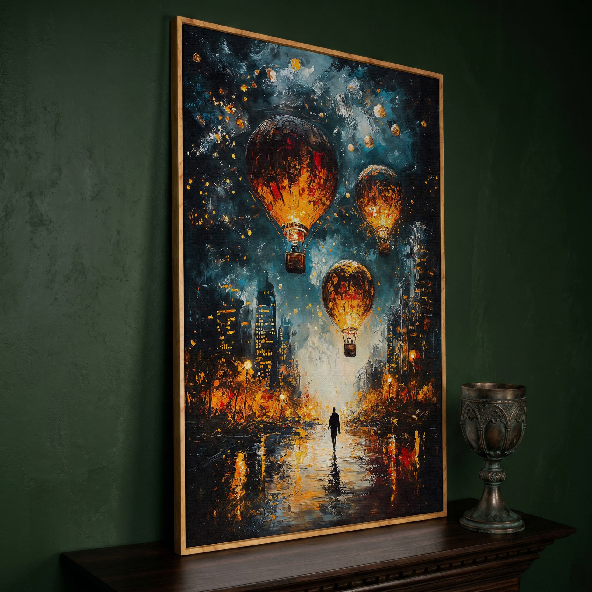 Night City Hot Air Balloons and Lone Walker Canvas Wall Art in white oak floating frame