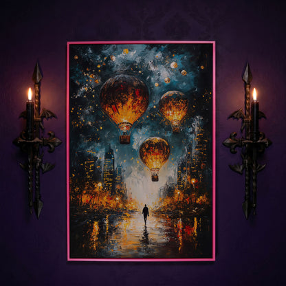 Night City Hot Air Balloons and Lone Walker Canvas Wall Art in pink floating frame