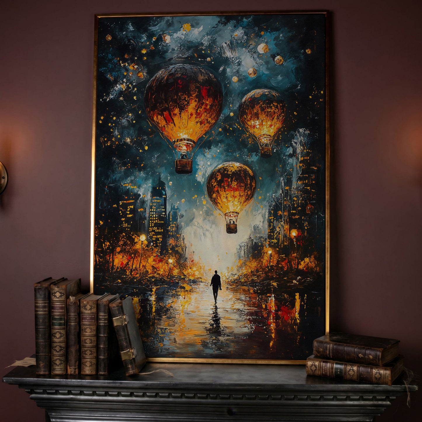 Night City Hot Air Balloons and Lone Walker Canvas Wall Art in rose gold floating frame