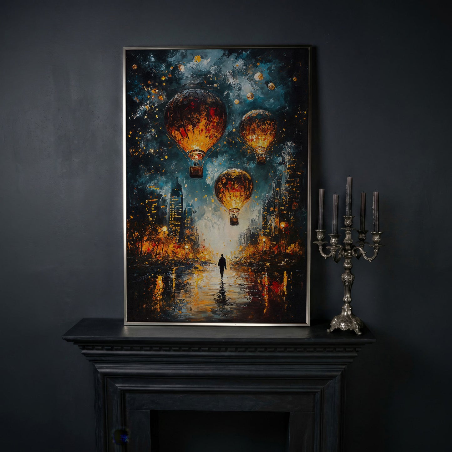 Night City Hot Air Balloons and Lone Walker Canvas Wall Art in silver floating frame