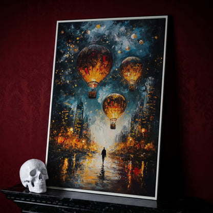 Night City Hot Air Balloons and Lone Walker Canvas Wall Art in white floating frame