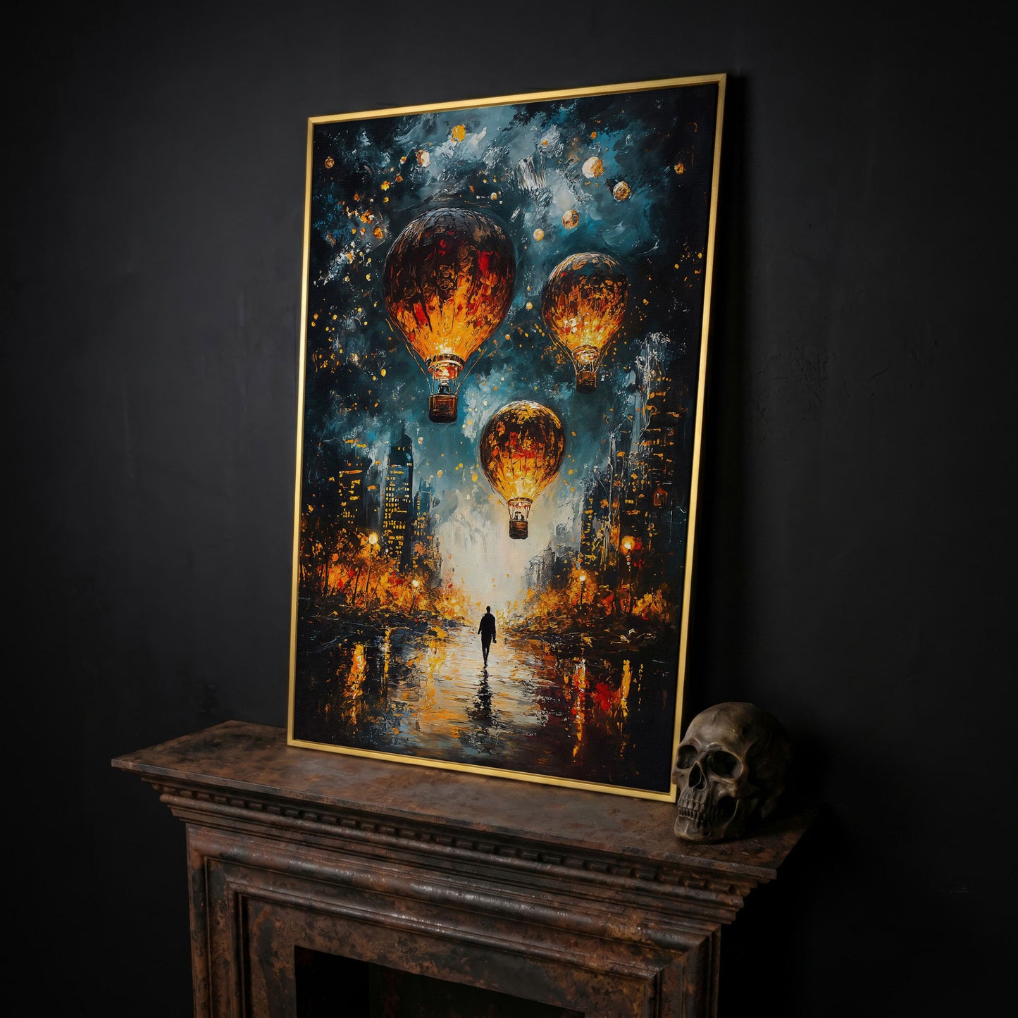 Night City Hot Air Balloons and Lone Walker Canvas Wall Art in yellow gold floating frame