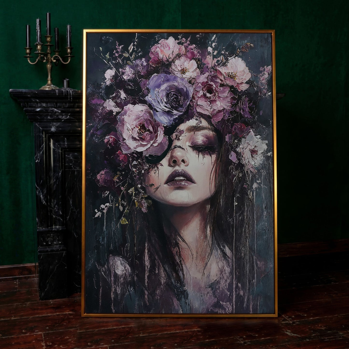Dark Floral Portrait Woman with Purple Flower Crown Canvas Art in antique gold floating frame