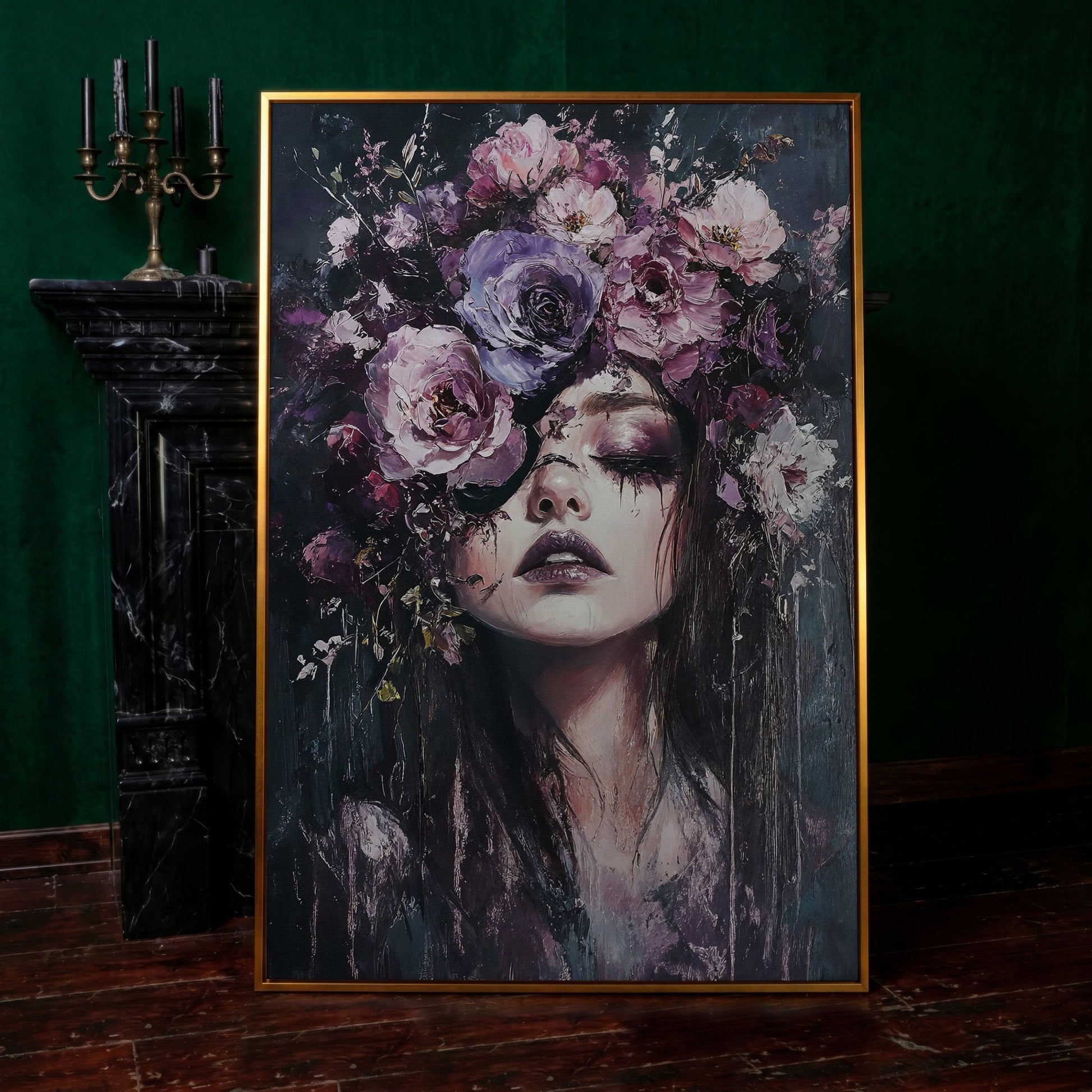 Dark Floral Portrait Woman with Purple Flower Crown Canvas Art in antique gold floating frame