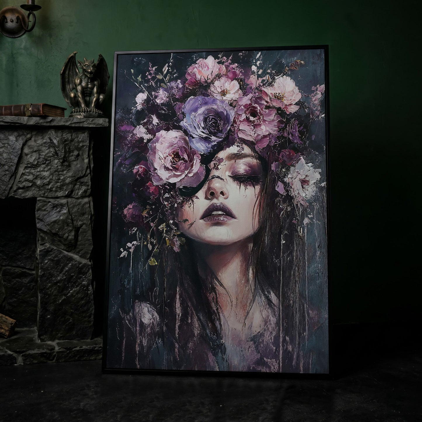 Dark Floral Portrait Woman with Purple Flower Crown Canvas Art in black floating frame