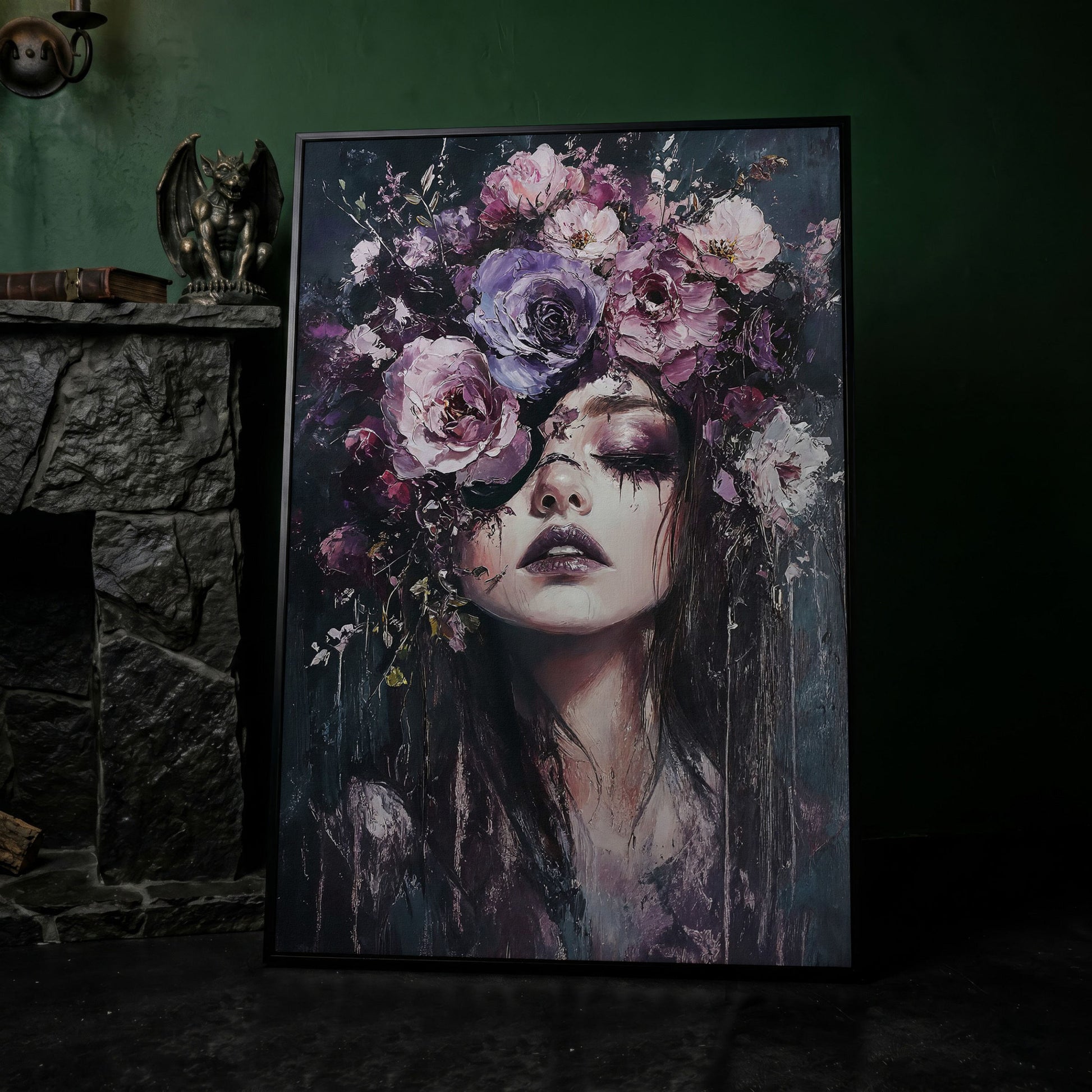 Dark Floral Portrait Woman with Purple Flower Crown Canvas Art in black floating frame