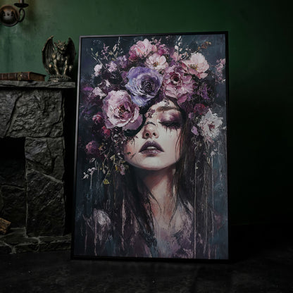 Dark Floral Portrait Woman with Purple Flower Crown Canvas Art in black floating frame