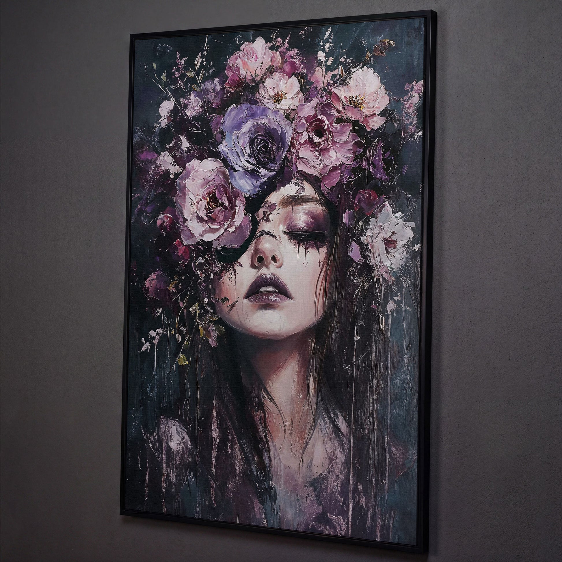 Dark Floral Portrait Woman with Purple Flower Crown Canvas Art shown in black floating frame