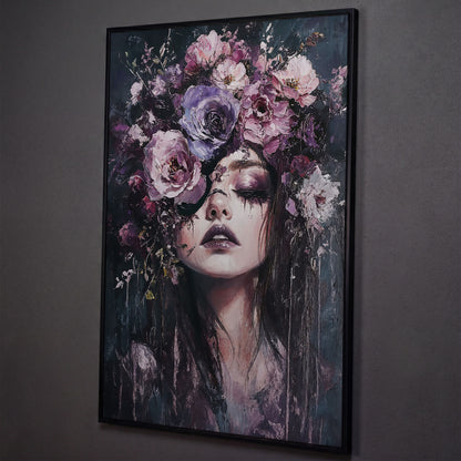 Dark Floral Portrait Woman with Purple Flower Crown Canvas Art shown in black floating frame