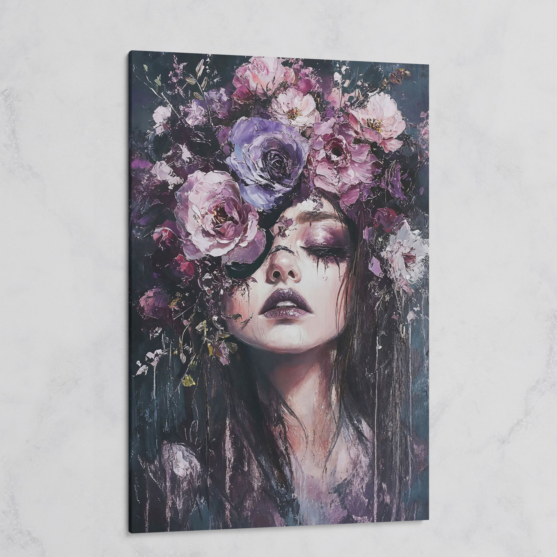 Dark Floral Portrait Woman with Purple Flower Crown Canvas Art on gallery wrap