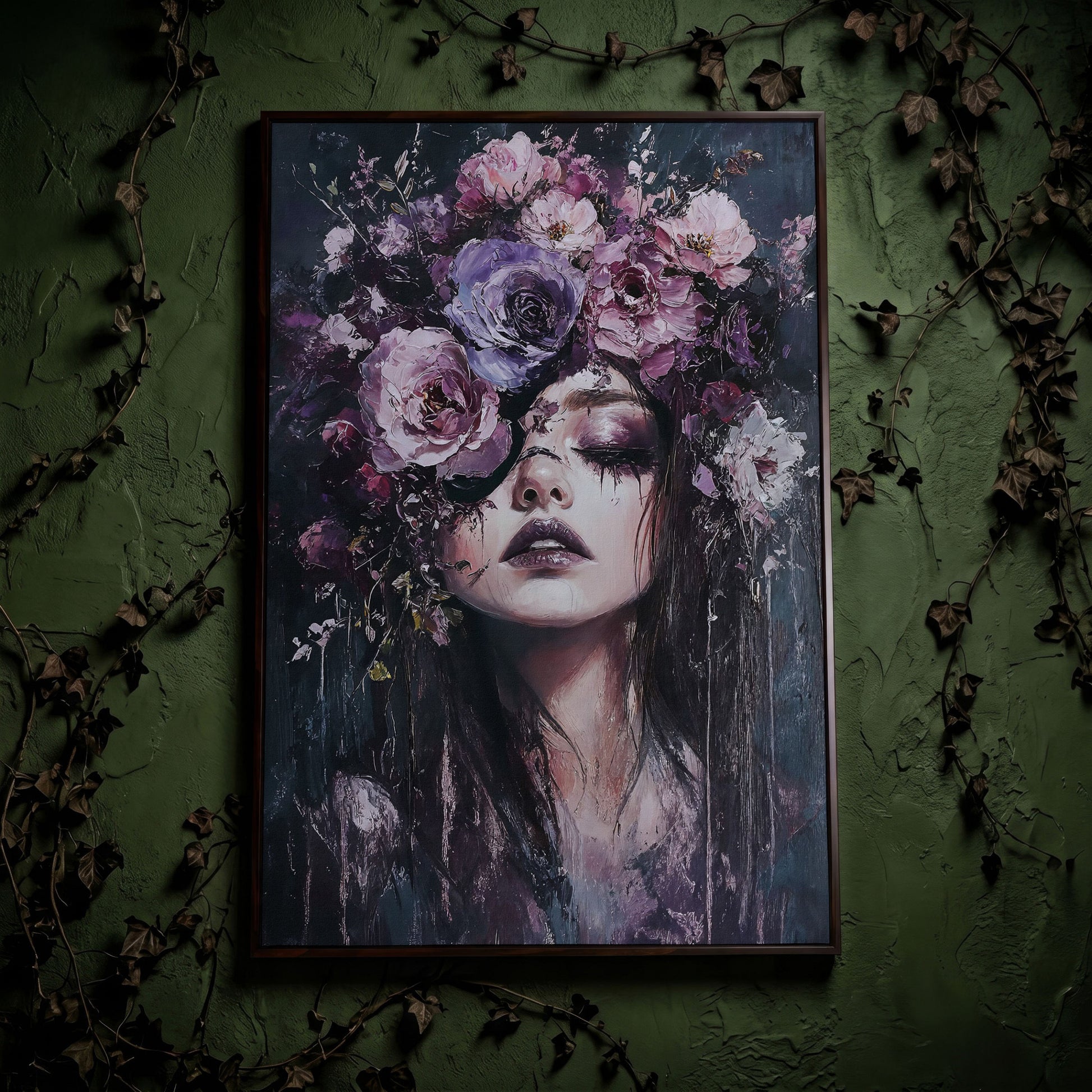 Dark Floral Portrait Woman with Purple Flower Crown Canvas Art in dark walnut floating frame