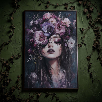Dark Floral Portrait Woman with Purple Flower Crown Canvas Art in dark walnut floating frame