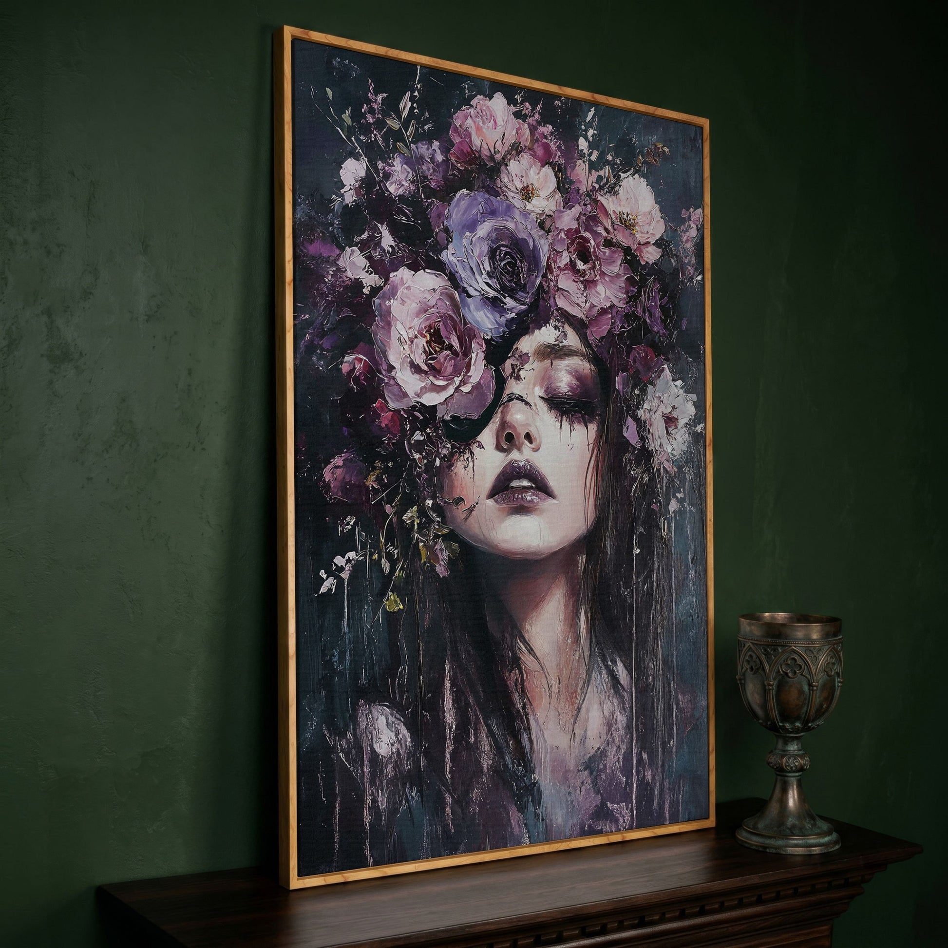 Dark Floral Portrait Woman with Purple Flower Crown Canvas Art in white oak floating frame