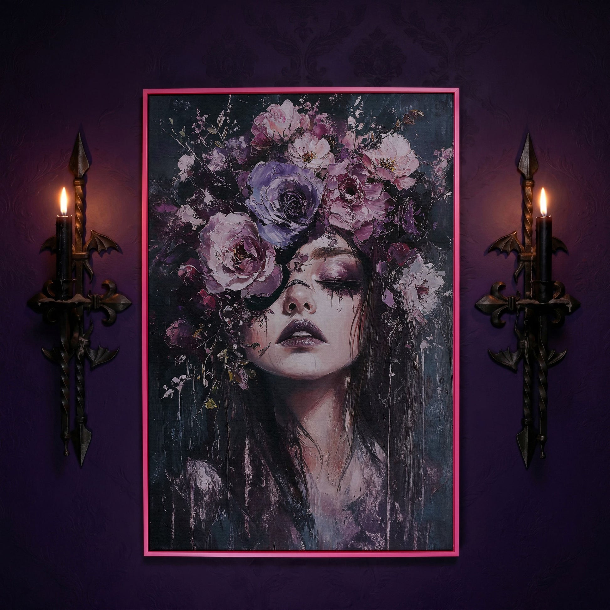 Dark Floral Portrait Woman with Purple Flower Crown Canvas Art in pink floating frame