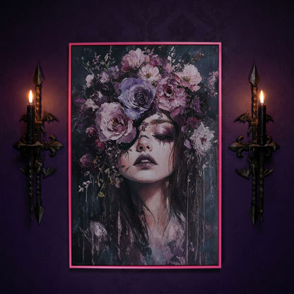 Dark Floral Portrait Woman with Purple Flower Crown Canvas Art in pink floating frame