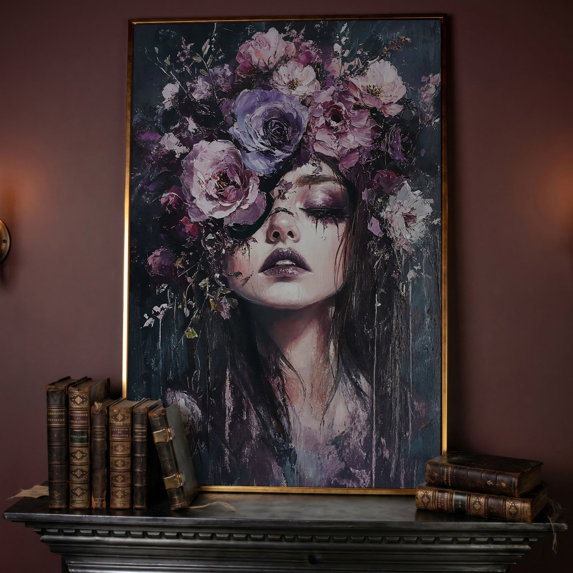 Dark Floral Portrait Woman with Purple Flower Crown Canvas Art in rose gold floating frame