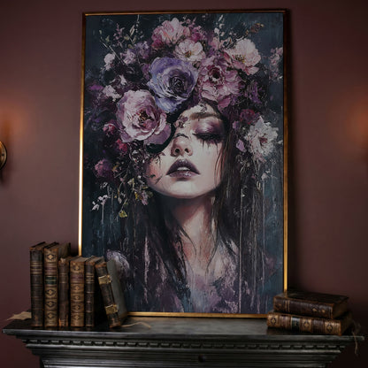 Dark Floral Portrait Woman with Purple Flower Crown Canvas Art in rose gold floating frame