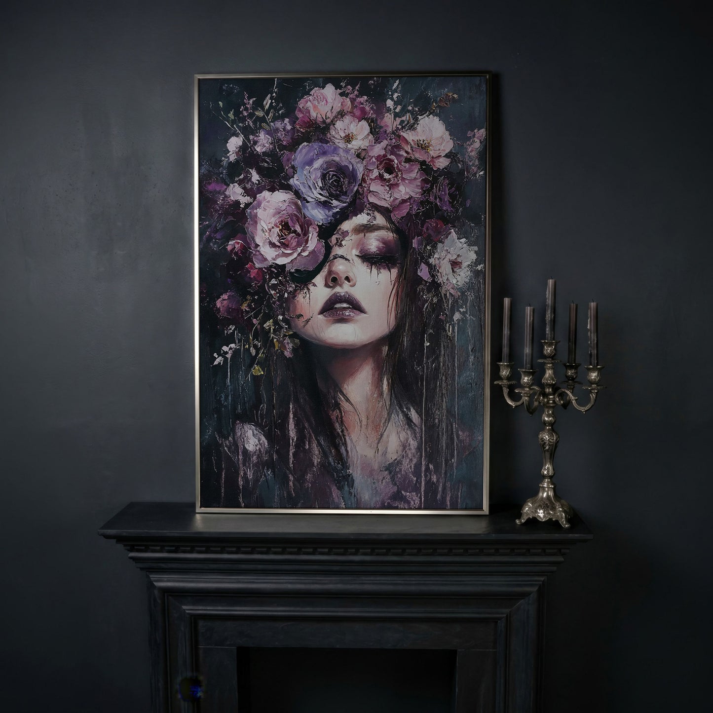 Dark Floral Portrait Woman with Purple Flower Crown Canvas Art in silver floating frame