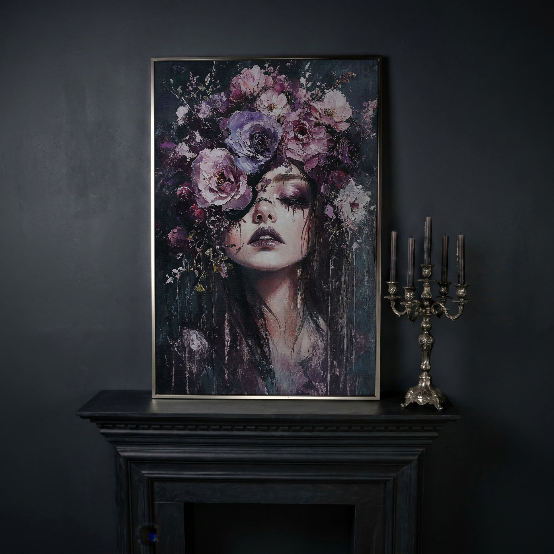 Dark Floral Portrait Woman with Purple Flower Crown Canvas Art in silver floating frame