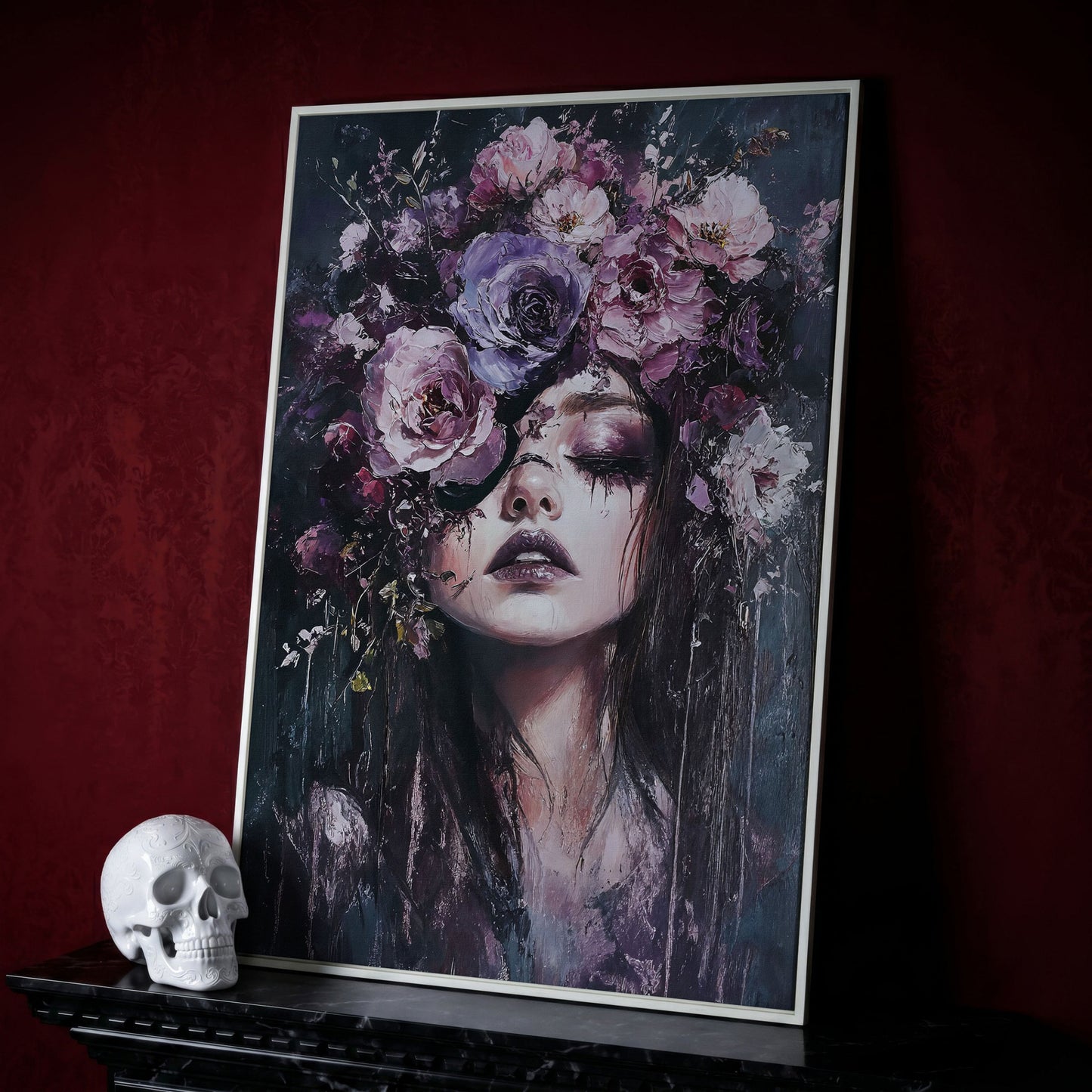 Dark Floral Portrait Woman with Purple Flower Crown Canvas Art in white floating frame