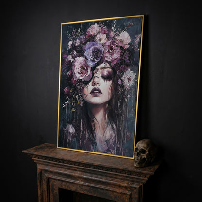 Dark Floral Portrait Woman with Purple Flower Crown Canvas Art in yellow gold floating frame