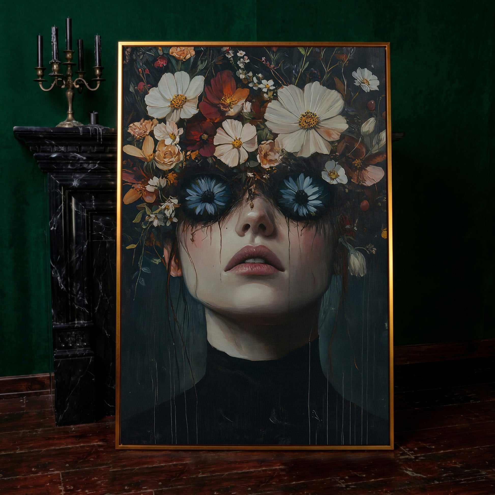 Gothic Floral Eyes Woman Canvas Print in antique gold floating frame