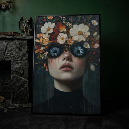 Gothic Floral Eyes Woman Canvas Print in black floating frame