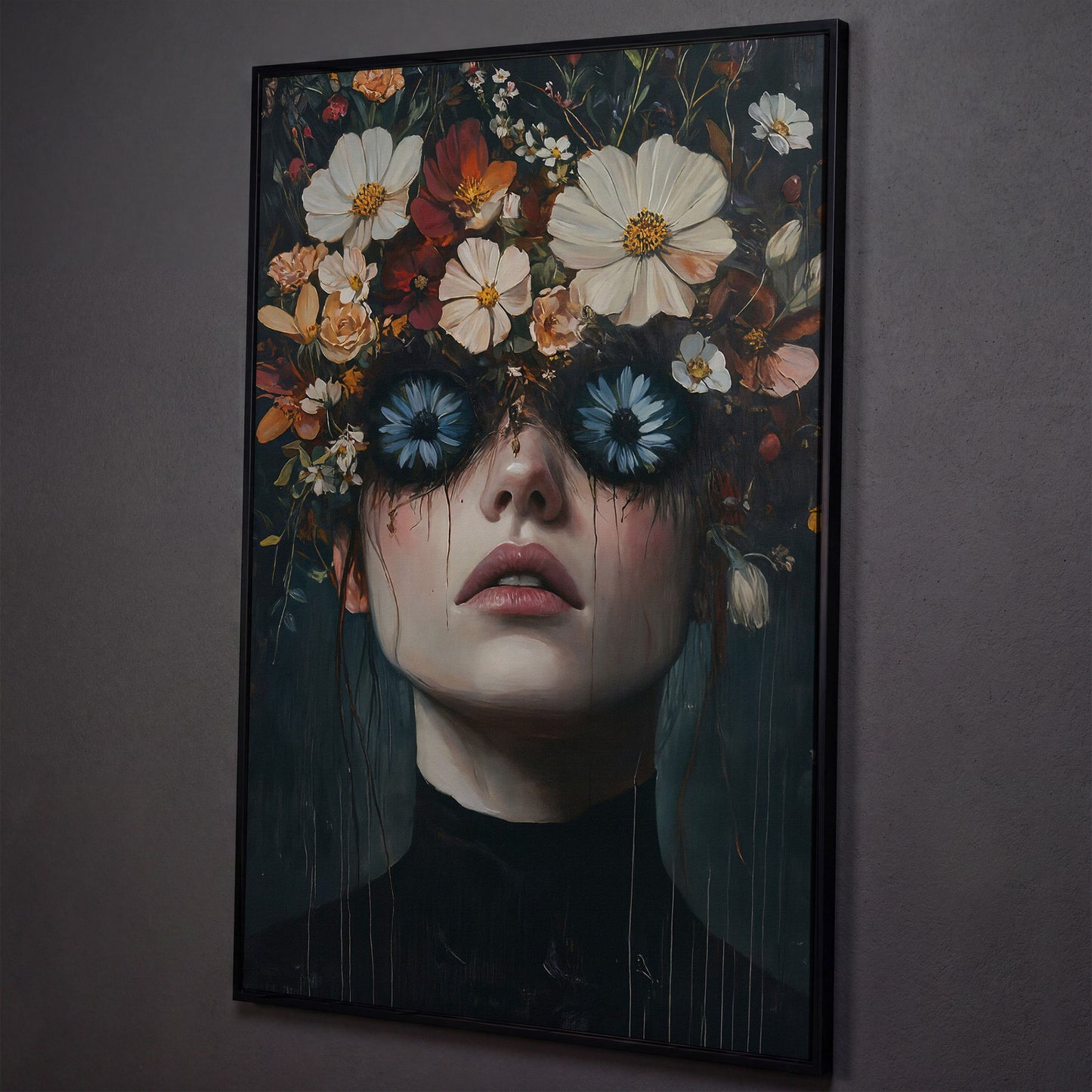 Gothic Floral Eyes Woman Canvas Print shown in black floating frame