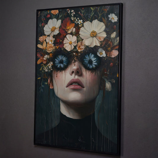 Gothic Floral Eyes Woman Canvas Print shown in black floating frame