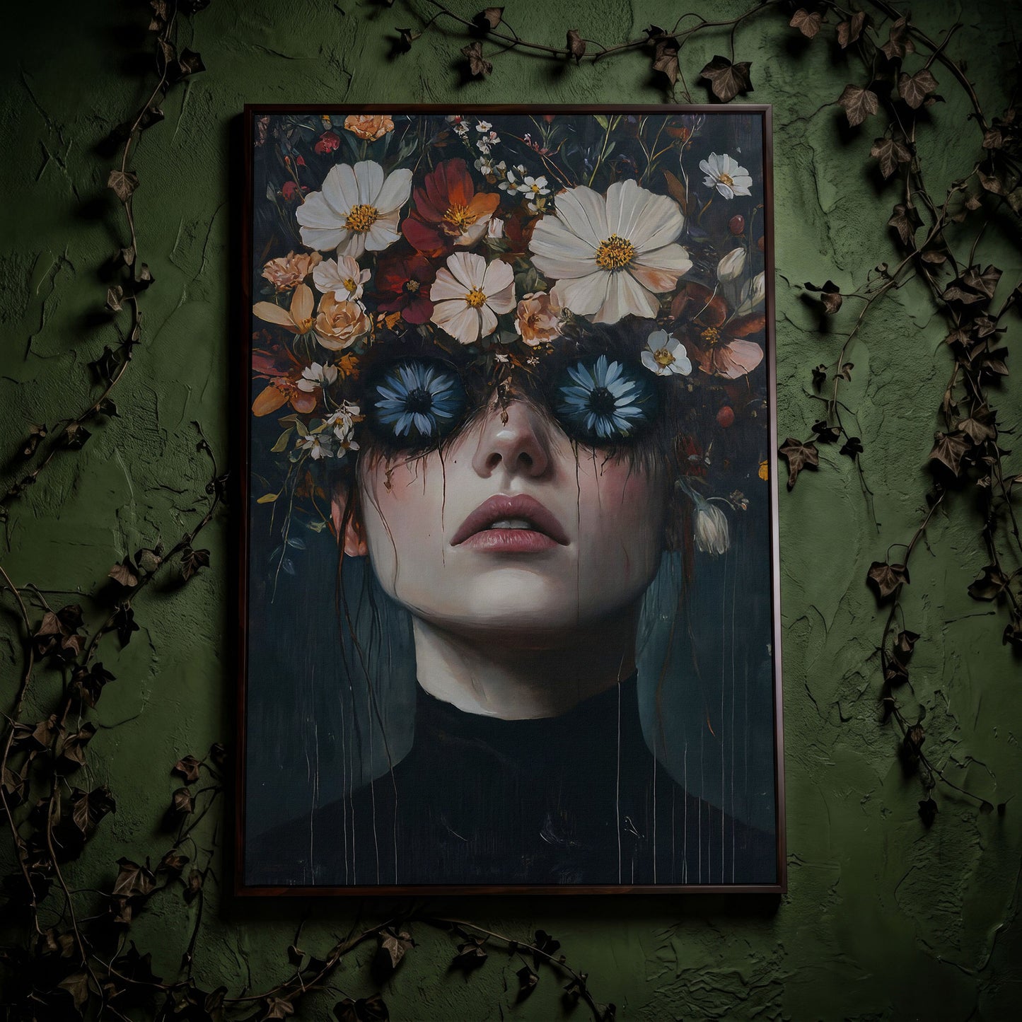 Gothic Floral Eyes Woman Canvas Print in dark walnut floating frame