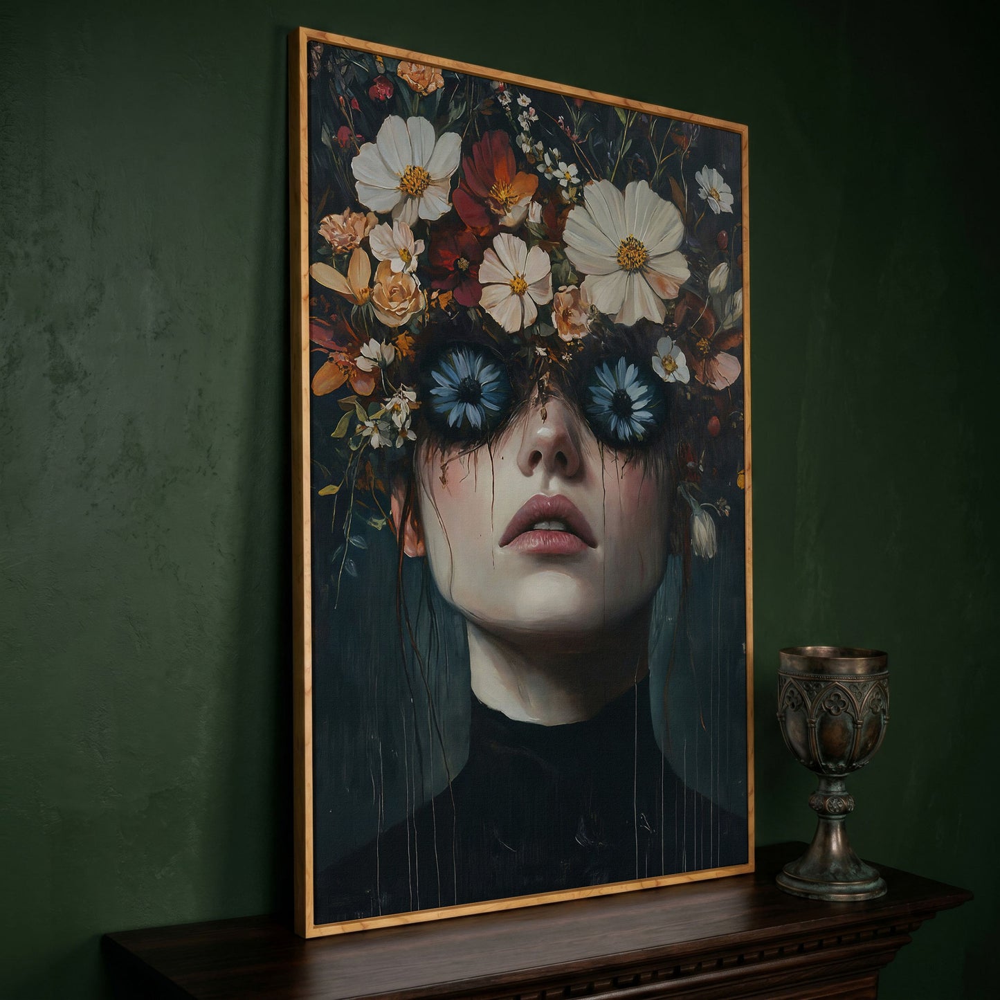 Gothic Floral Eyes Woman Canvas Print in white oak floating frame