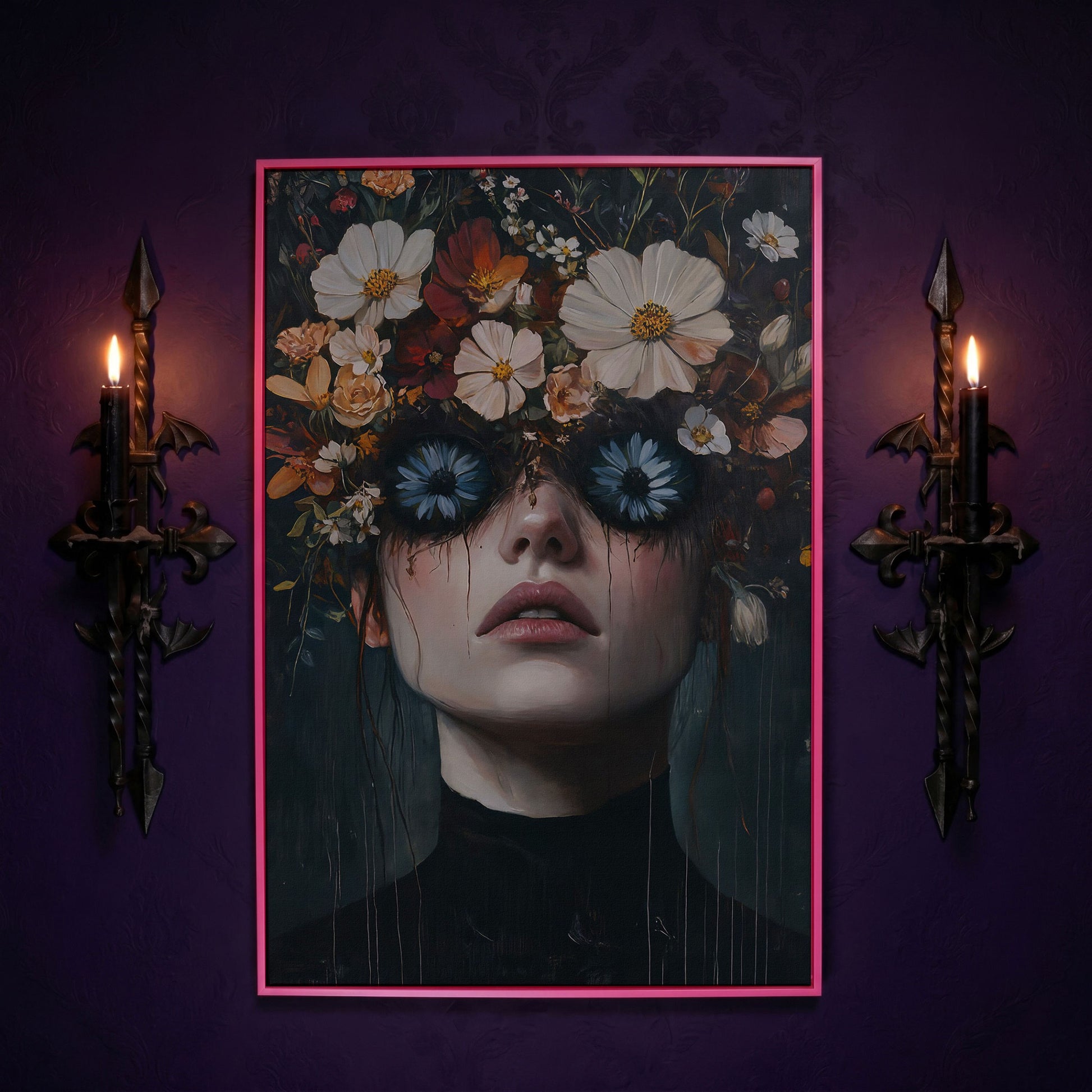 Gothic Floral Eyes Woman Canvas Print in pink floating frame