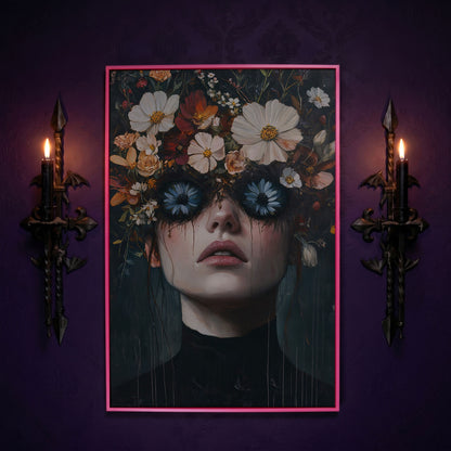 Gothic Floral Eyes Woman Canvas Print in pink floating frame
