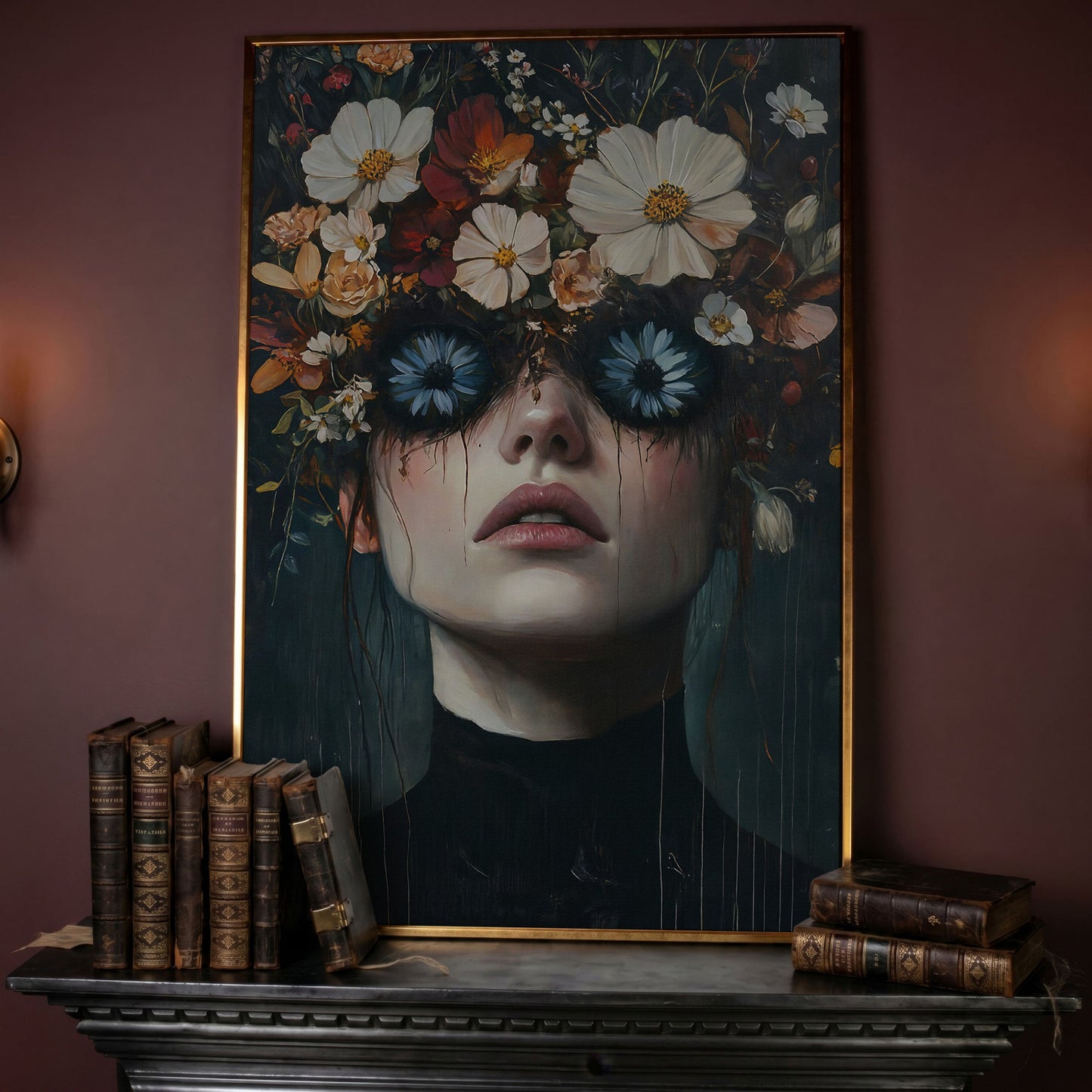 Gothic Floral Eyes Woman Canvas Print in rose gold floating frame