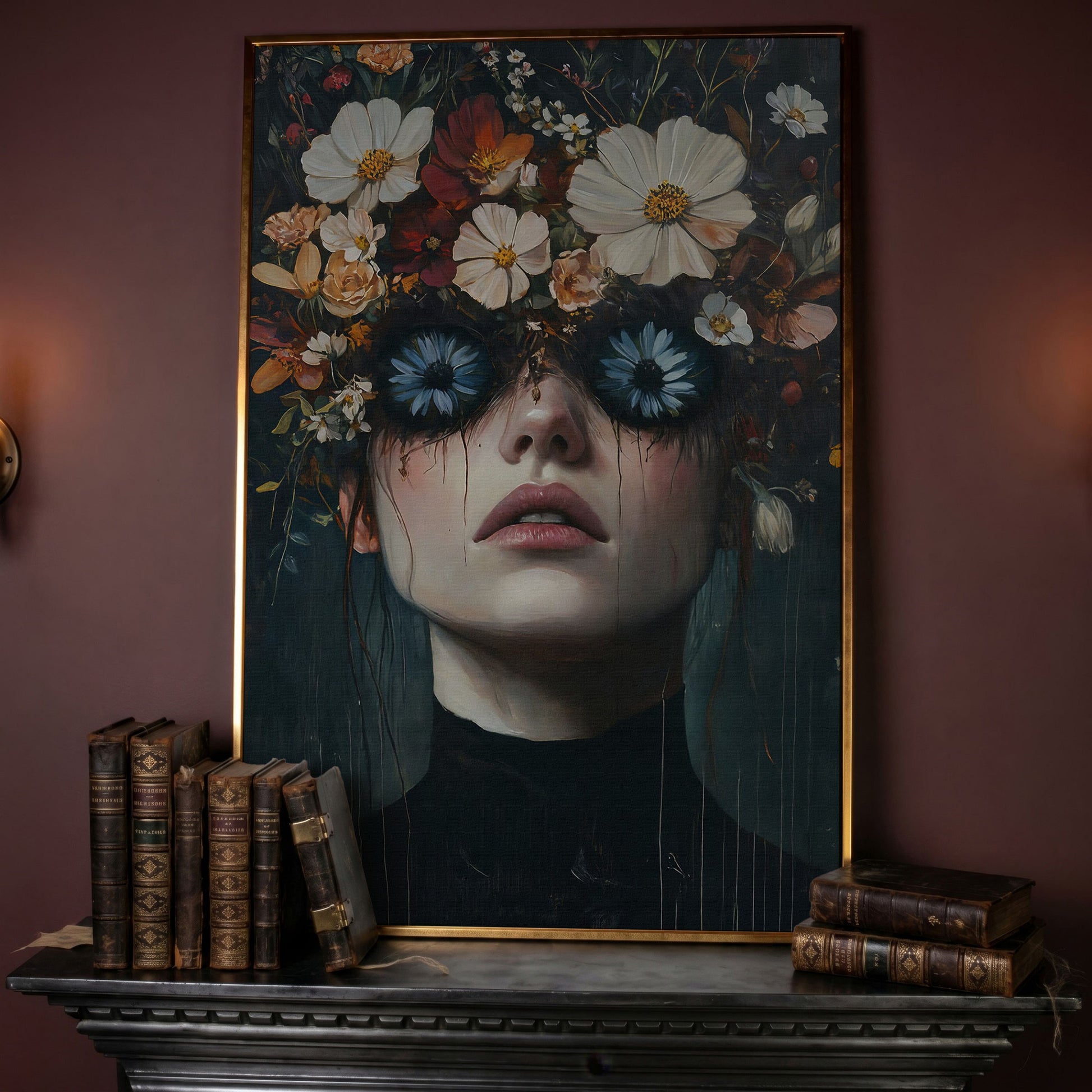 Gothic Floral Eyes Woman Canvas Print in rose gold floating frame
